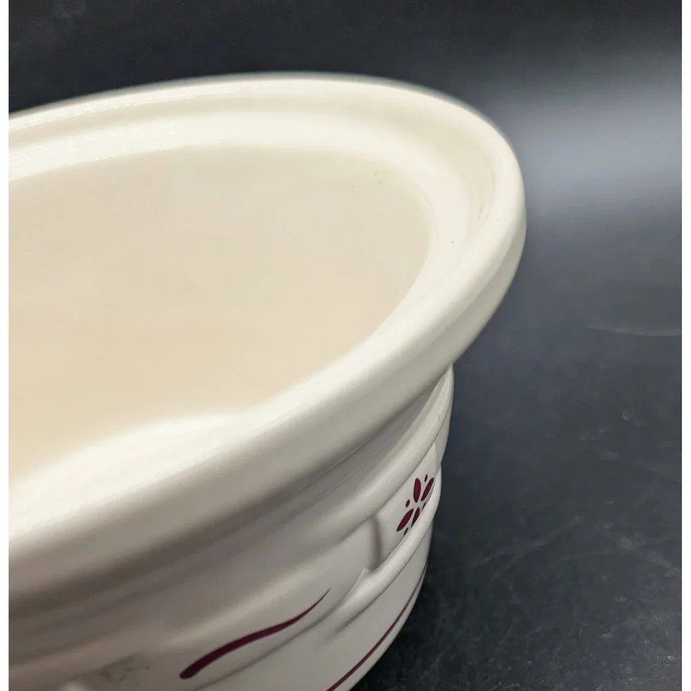 Longaberger Pottery Woven Traditions Ivory Burgundy Covered Casserole Dish USA